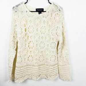 CELINA YANG DESIGNS Cream Knit Lace Long Sleeves Ramie Cotton Blend Top Medium